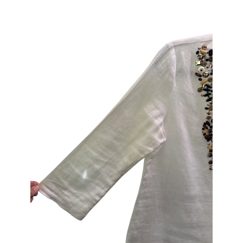 Michael Kors Linen Tunic Women Small White Beaded Split Neck 3/4 Sleeve Boho